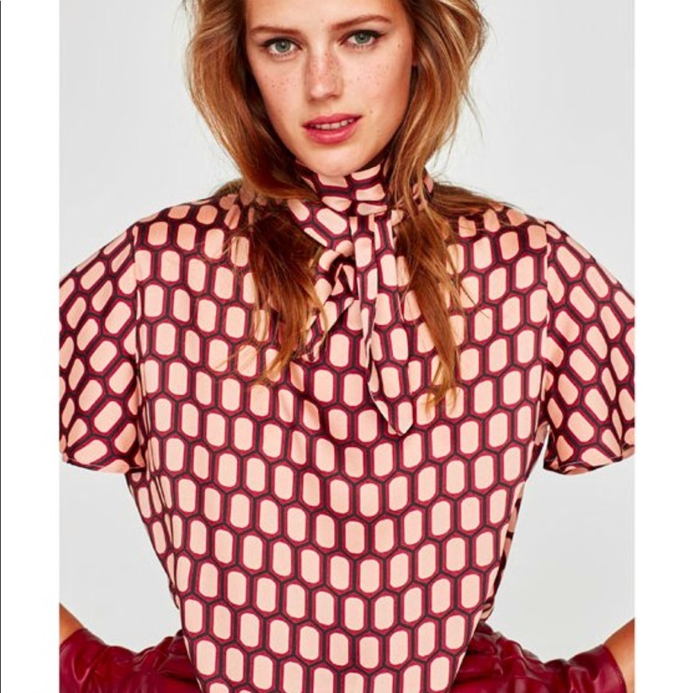 NWT ZARA Printed High Collar Blouse